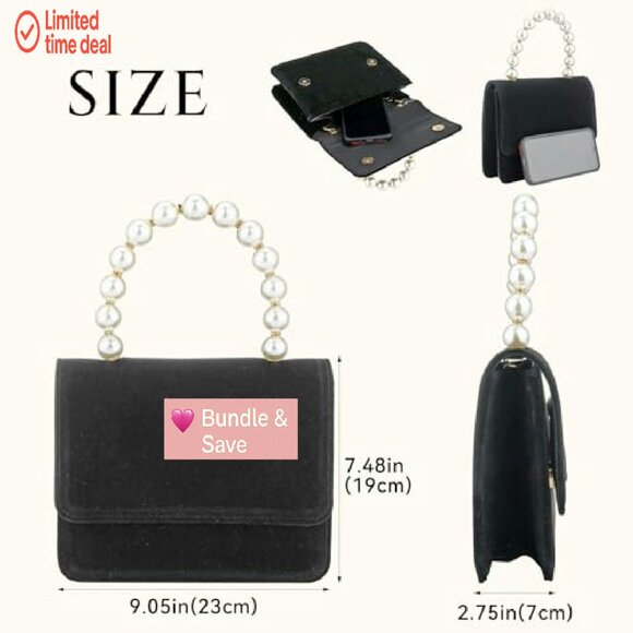 Velvet Evening Bag with Pearl Handle, Detachable Chain, Crossbody Clutch - Picture 5 of 7